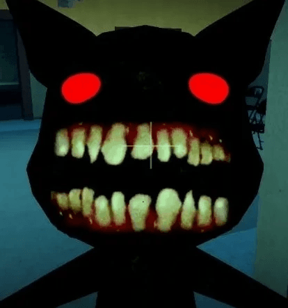 Camera Figure Animal Hospital Anomaly homepage image showing a black cat-like security camera enemy with glowing red eyes and crooked realistic teeth