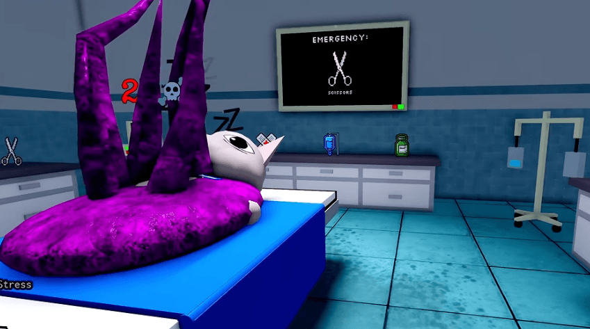 Tendril Animal Hospital Anomaly Room 8 emergency screenshot with a purple blob and tall tentacles covering the surgery patient while the monitor requests scissors