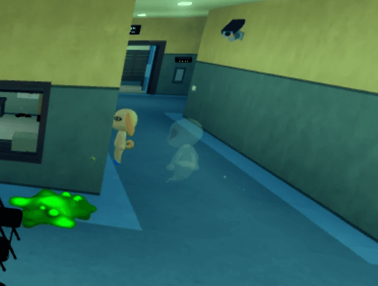 Ghost Animal Hospital Anomaly detail image showing a faint ghost in the hospital hallway near a patient, green slime, and a security camera view